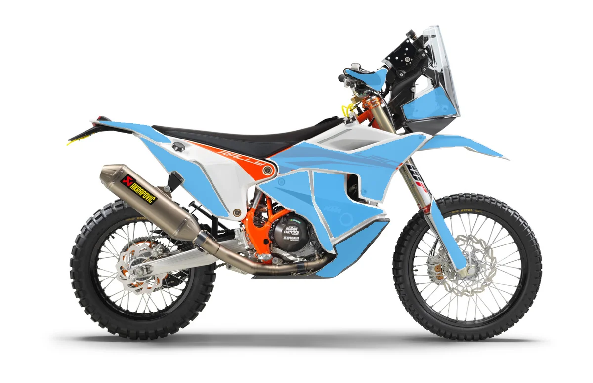 KTM 450 Rally Factory Replica with the areas available for sponsor logos marked in blue
